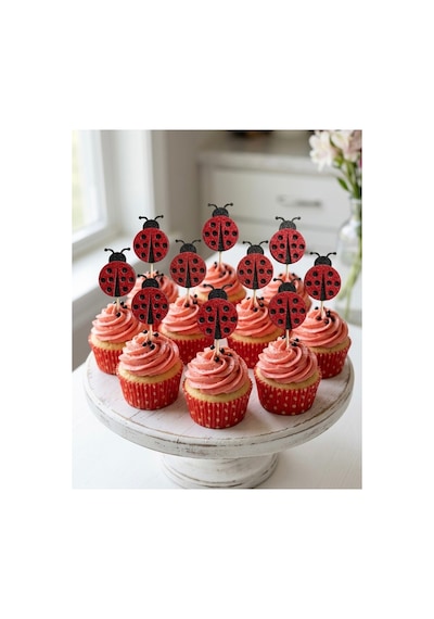 Uğur Böceği Simli Cupcake Kürdanı Doğum Günü Parti Ve Pasta Süsü 10lu 5 Cm