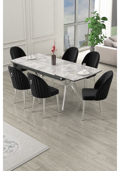Canisa Sim Serisi 89x150 Açılabilir Lak Panel Rampla Gri Masa Takımı 6 Siyah Sandalye Beyaz Mermer Desen Masa Sandalyeler Siyah Canisa Sim Serisi 89x150 Açılabilir Lak Panel Rampla Gri Masa Takımı 6 Siyah Sandalye Beyaz Mermer Desen Masa Sandalyeler Siyah