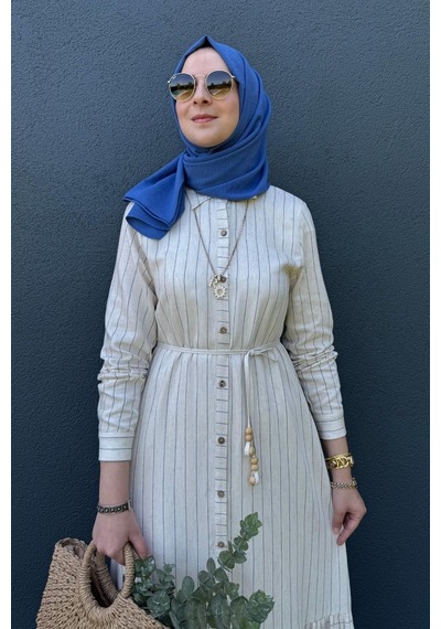 Rabia Şamlı Süreyya Çizgili Gömlek Elbise İndigo Normal