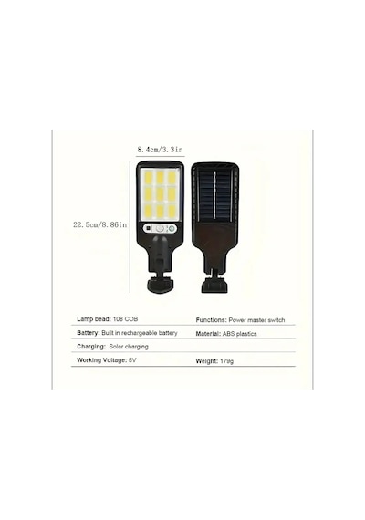 108 Cob Led Kumandalı Güneş Enerjili Hareket Sensörlü Bahçe Garaj Sokak Aydınlatma Lambası Sokak Lambası Çok Renkli