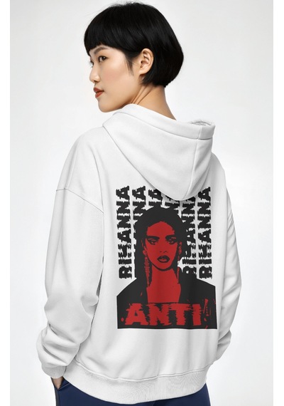 Sevbano Rihanna Şarkıcı Sırt Baskılı Unisex Oversize Penye Hoodie beyaz
