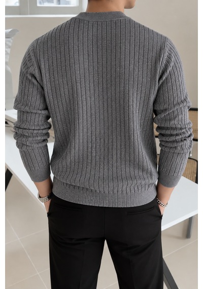 Erkek Bisiklet Yaka Slim Fit Triko Kazak Füme