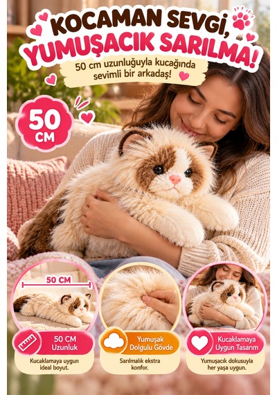 Krem Gerçek Kedi Görünümlü Pelüş Kedi 50 Cm Uzun Tüylü Yumuşacık Sarılmalık Dekoratif Oyuncak Kedi