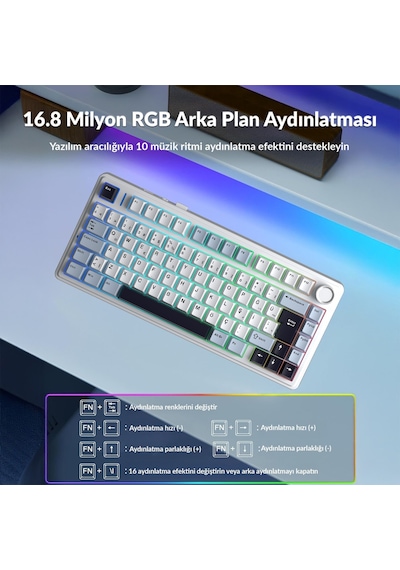 Aula F75 Mekanik Rgb Tkl Graywood V4 Switch Kablosuz Makrolu Hot Swap Türkçe Q Klavye Lacivert