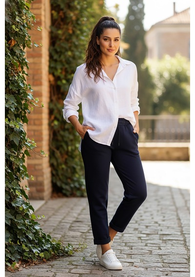 Sy & Black Kadın Çelik Örgü Beli Lastikli Ve Bağcıklı Geniş Beden Aralıklı Jogger Pantolon 25p-03 Lacivert Lacivert