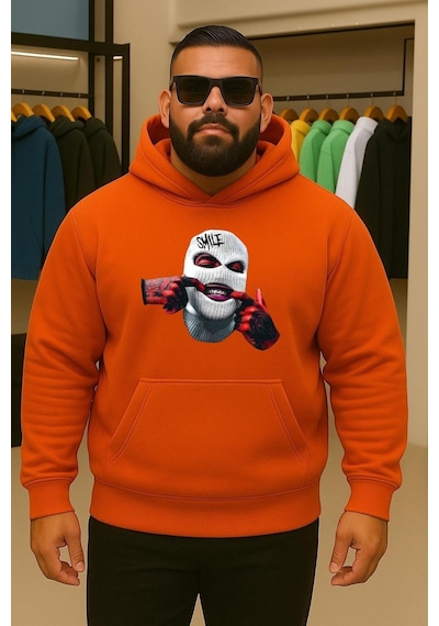 Benroma 3 İplik Penye Maske Baskılı Büyük Beden Sweatshırt Turuncu