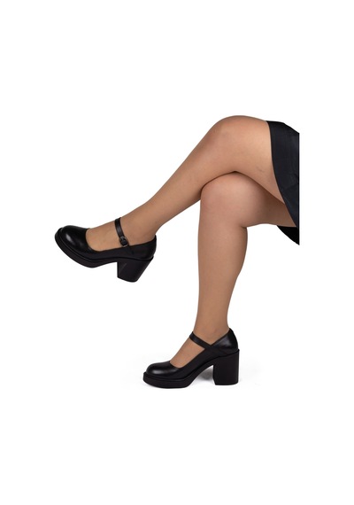 Kadın Hakiki Deri Kalın Topuklu Bantlı Günlük Ayakkabı / Mary Jane Shoes Siyah