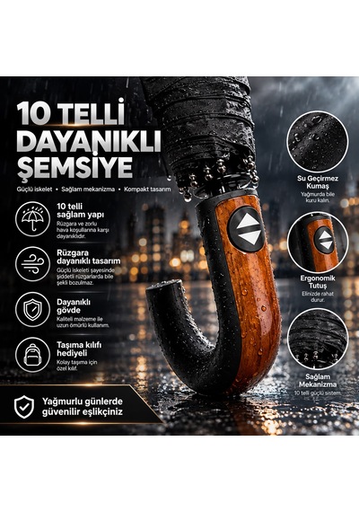 10 Telli Otomatik Ahşap Sap Rüzgara Dayanıklı Şemsiye Koyu Siyah