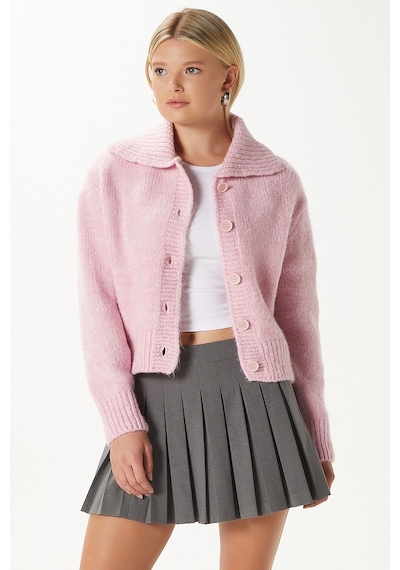 Ritnice Kadın Lean Yumuşak Doku Polo Yaka Pembe Basic Triko Hırka Hı00179 Pembe