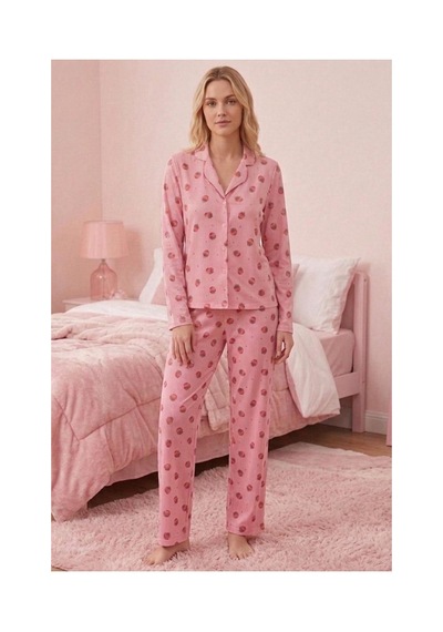 Fit Women Çilek Desenli Uzun Kollu Pijama Takımı 4605 -pembe Açık Pembe