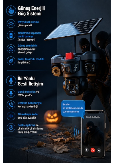 ARM-01 Solar Güneş Panelli 15MP 3 Lensli 4G Sim Kartlı Güvenlik Kamerası 360° PTZ Gece Görüşlü Sesli Dış Mekan V380 Pro