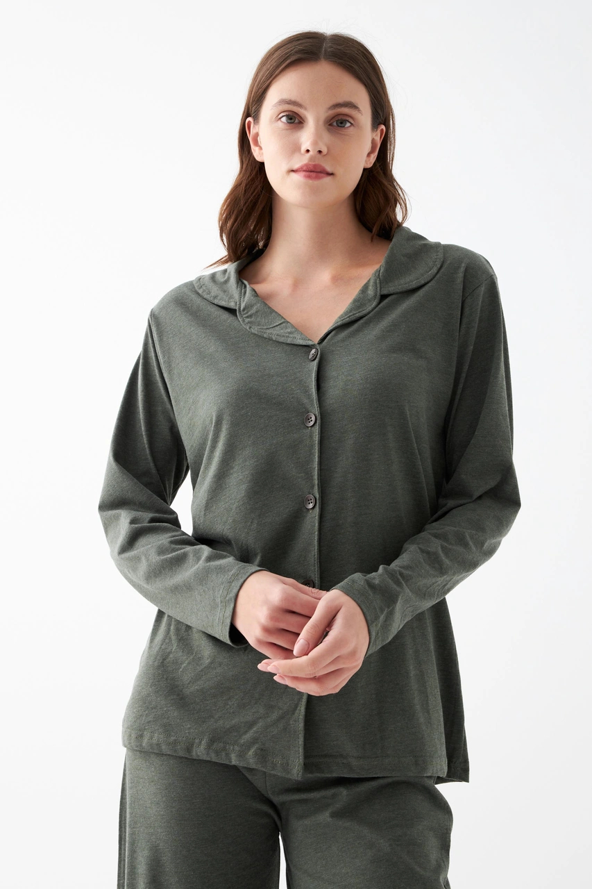 Akbeniz Kadın Haki Düğmeli Pamuklu Pijama Takımı Haki
