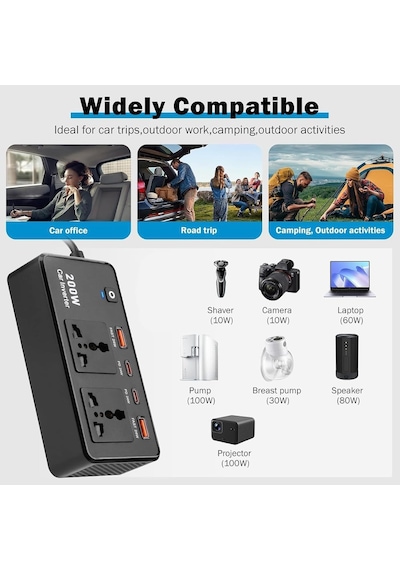 Araç Oto Çakmak Inverter Araç Içi Sarj Istasyonu Çoklu Sarj 2 Usb 2 Priz 2 Type-c Şarj Çıkışlı 200w Ac 220v S