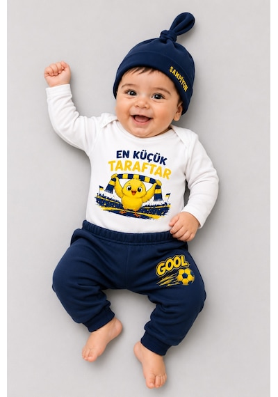 Babyden's %100 Pamuk Sarı Lacivert En Küçük Taraftar 3'lü Yenidoğan Bebek Takımı Uzun Kollu Body Pantolon Şapka Set