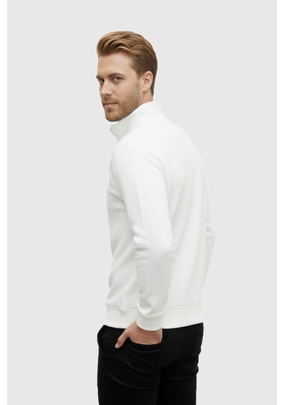 Rizzup Erkek Beyaz Relax Fit İçi Polarlı %100 Pamuk Yarım Fermuarlı Dik Yaka Sweatshirt 2600760