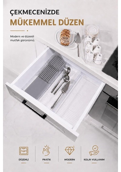 Çekmece İçi Bıçaklık Organizer Bölmeli Mutfak Düzenleyici Gri S-11029 Çok Renkli