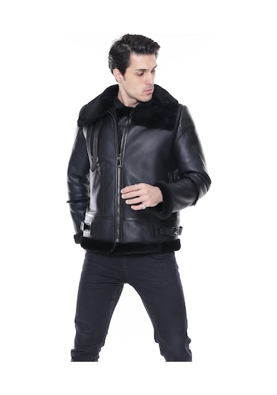 M M Marki Marki Erkek Hakiki Deri Mont, Balıkçı Yaka, Siyah Kürklü, Fermuar Kapamalı, Oversize Model - 500422