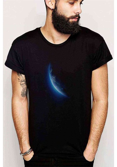 Dünya Mavi Baskılı Siyah Erkek Tshirt