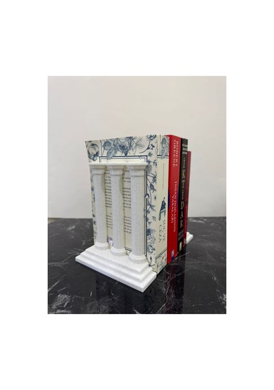 Dekoratif Roma Sütunu Kitap Tutucu İkili Set Mermer Beyaz Kitaplık