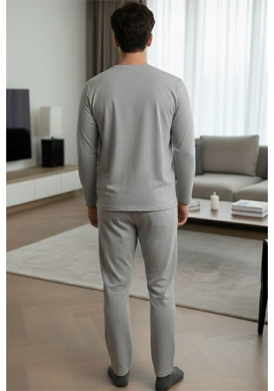 Siyah İnci Uzun Kollu Örme Erkek Pijama Takım 7795 Gri Melanj