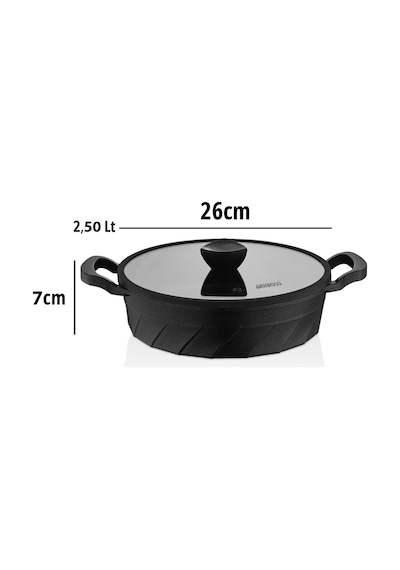 Vento Döküm Titanyum Kaplama Cam Kapaklı Basık Tencere 26x7 Cm Siyah