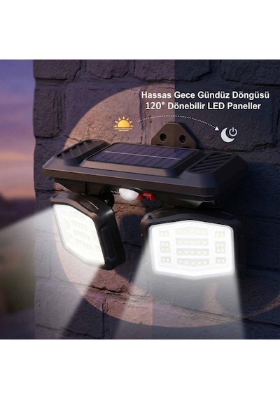 Panther Pt-2993 Sensörlü Solar Led Duvar Lambası - Beyaz Işık Ayarlanabilir Başlıklı Şarjlı Bahçe Aydınlatması
