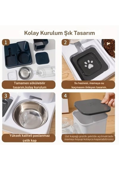 Monozone 2in1 Otomatik Evcil Hayvan Mama Su Kabı Kedi Ve Köpek Mama Su Sebili 750g Mama 1l Su