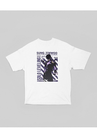 Solo Leveling Sung Jinwoo Baskılı Unisex Oversize Anime Karakter Beyaz