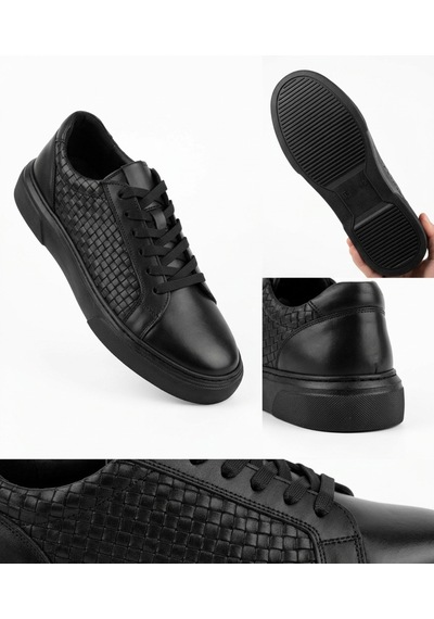 Growish Gd0111 Hakiki Deri Yüksek Taban Modern Örgü Desen Yüksek Eva Taban Siyah Sneaker Ayakkabı Siyah - Siyah