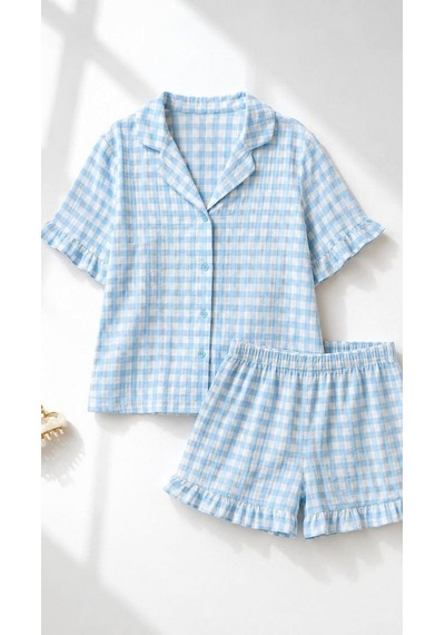 Suısy Blue Gingham Mavi Pötikareli Şortlu Pijama Takımı Çok Renkli