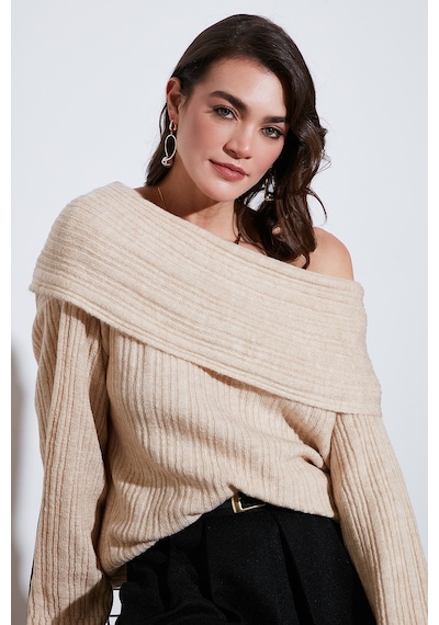 Lela Oversize Fit Madonna Yaka Triko Bayan Kazak 4615216 Bej