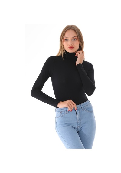 Penyebizden Kadın Viskon Tam Balıkçı Yaka Çıtçıtlı Zıbın Body-siyah