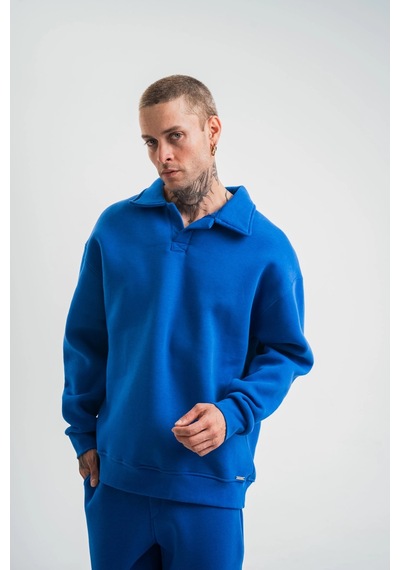 Ertaştrendstore Erkek Açık Yakalı Oversize 3 İplik Pamuklu Sweatshirt - Mavii Çok Renk