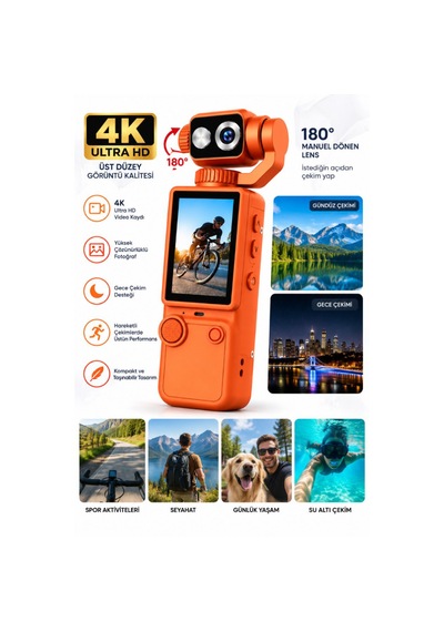 4k Ultra Hd Dijital Kamera 180 Dönen Lens Taşınabilir Video Fotoğraf Kamera 32gb Hafıza Kartı Hediyedir