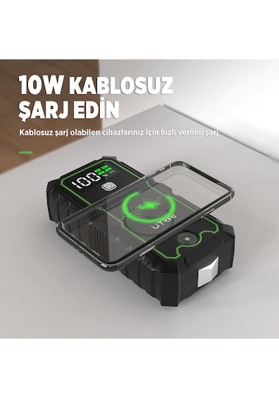 Utraı Js-1 Pro 16000mah 2500a Jump Starter Taşınabilir Akü Takviye Cihazı Kablosuz Şarj + Pusula + Çanta + Led Lamba + Powerbank
