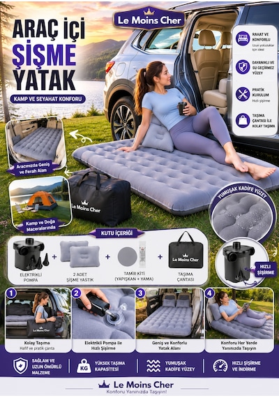Opel Corsa D Enjoy Araç İçi Şişme Yatak Elektrikli Pompa Tamir Kiti Çantalı Kamp Yatağı