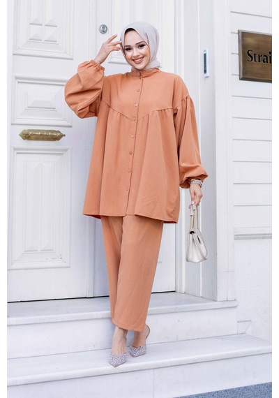 Misskayle Balon Kol Tesettür Camel Takım Camel