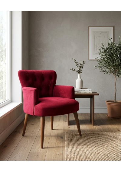 Roma Bordo Babyface Kumaş Berjer Ceviz Ahşap Ayaklı Modern Tekli Koltuk