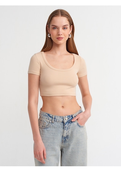 Dilvin Kısa Kollu Crop Top Bej Açık Bej
