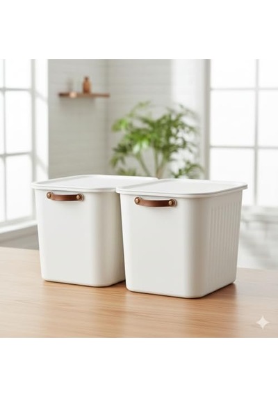 2 Adet Modern Kapaklı Büyük Boy Saklama Kutu Seti -20 Litre Beyaz- Taşınabilir Kulplu, Dolap İçi Düzenleyici Diğer