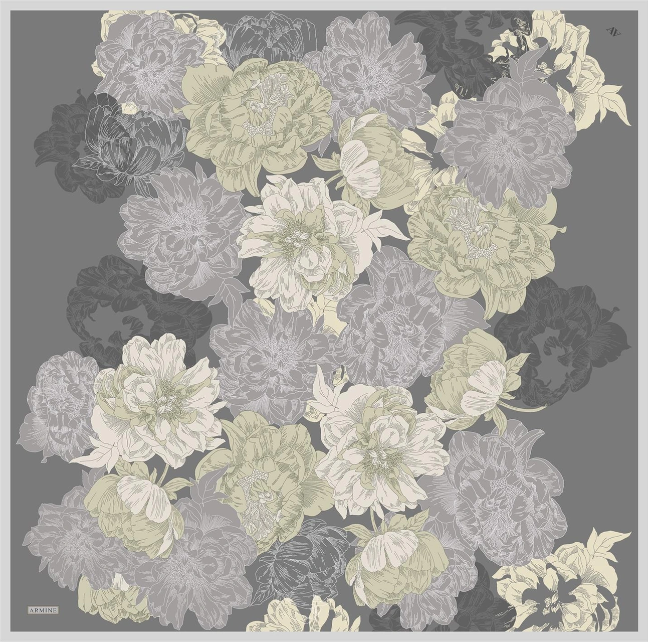 Armine Çiçek Desenli Saf İpek Twill Eşarp 9330d 35 Gri