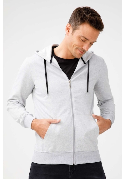 Igs İgs Erkek A.gri Modernfıt / Ekstra Dar Kalıp Kapşonlu Fermuarlı Sweatshirt Açık Gri