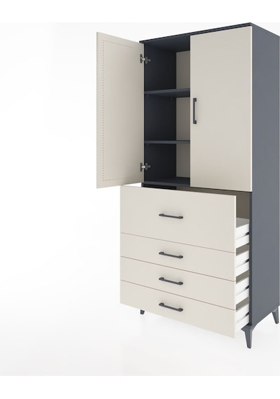 Hyperion Dolap 3 Raflı 4 Çekmeceli 2 Kapaklı 88x44x195 Antrasit-aytaşı Antrasit