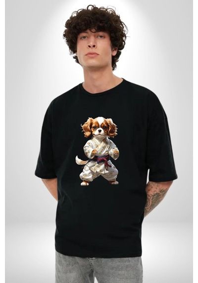 Cavailer King Charles Spaniel Karate Pamuklu Bisiklet Yaka Unisex Oversize Boyfriend Dijital Baskılı Siyah T-shirt Siyah