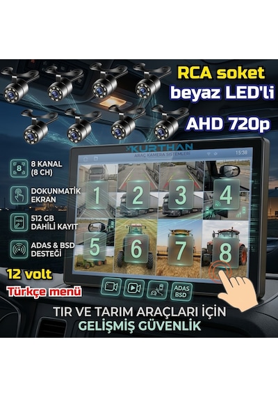 8 Adet Beyaz Ledli Ahd 720p Kelebek Kamera 10 İnç 8 Ch Dokunmatik Ekran 512 Gb Dvr Adas Bsd 12 Volt