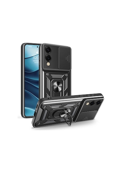 Samsung Galaxy S25 Edge Uyumlu Tank Kılıf Yüzüklü Standlı Zırhlı Outdoor Kapak - Siyah