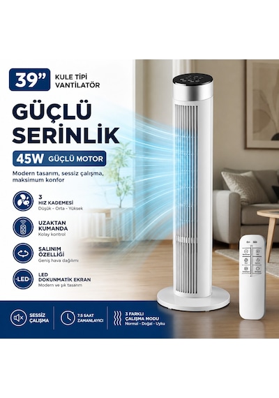 Amazon Başlık 39 İnç Kule Tipi Vantilatör, Uzaktan Kumandalı, 45w Güçlü Motor, 3 Hız Kademesi, 3 Modlu, Led Dokunmatik Ekran, Salınımlı, Sessiz Çalışma, 7.5 Saat Zamanlayıcı, Beyaz