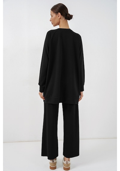 Bigdart Kadın Desenli Oversize Tunik Pantolon İkili Takım 55462 - Siyah