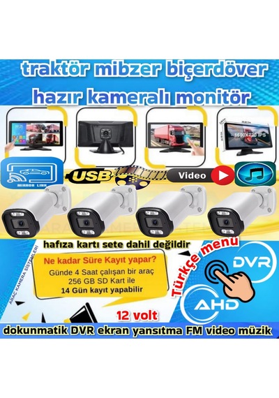 4 Adet Ahd 2mp Warm Ledli Kamera Dvr Dokunmatik 10.36 İnç Monitör 12 Volt 256 Gb