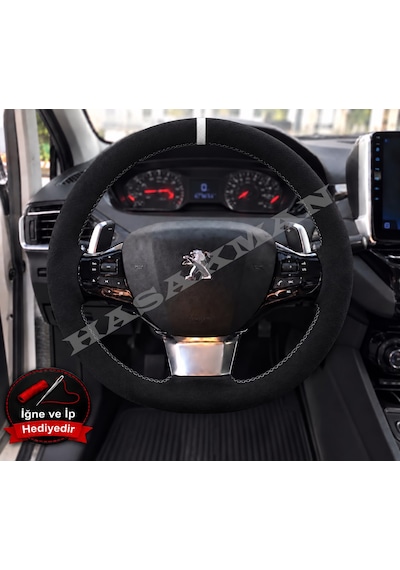 Peugeot 2008 Dikme Direksiyon Kılıfı Full Alcantara Süet Beyaz Yüzük Ve Beyaz Dikiş 2019-2023 Siyah